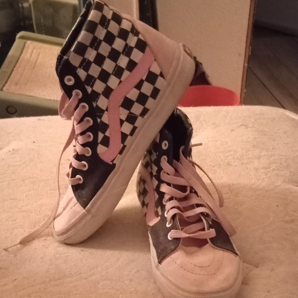 Vans Black and White Checkered Sneakers with Pink Accents
